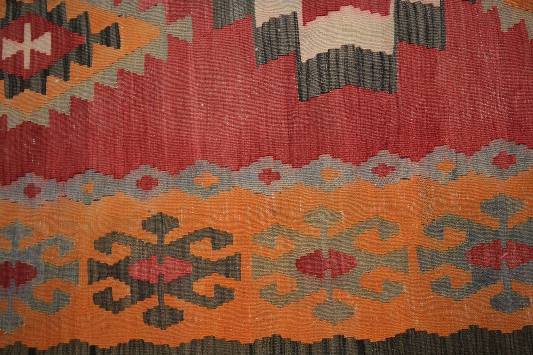 Vintage Red Orange  Kilim Rug 1980s Wool Tribal Flatweave 287 x 150 cm