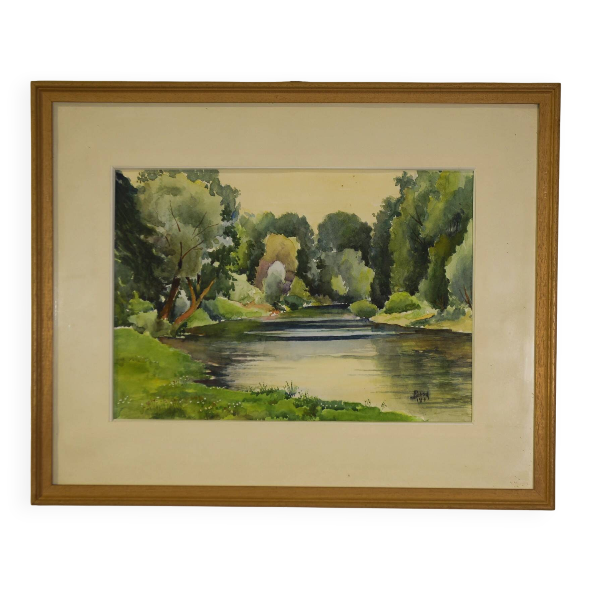Watercolour riverbank by J. Richard 1975
