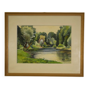 Aquarelle bord de rivière - 1975