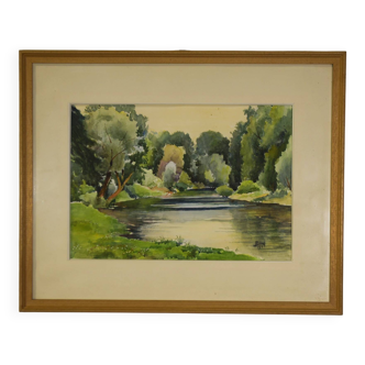 Watercolour riverbank by J. Richard 1975