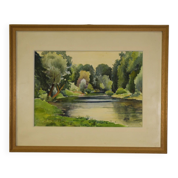 Watercolour riverbank by J. Richard 1975