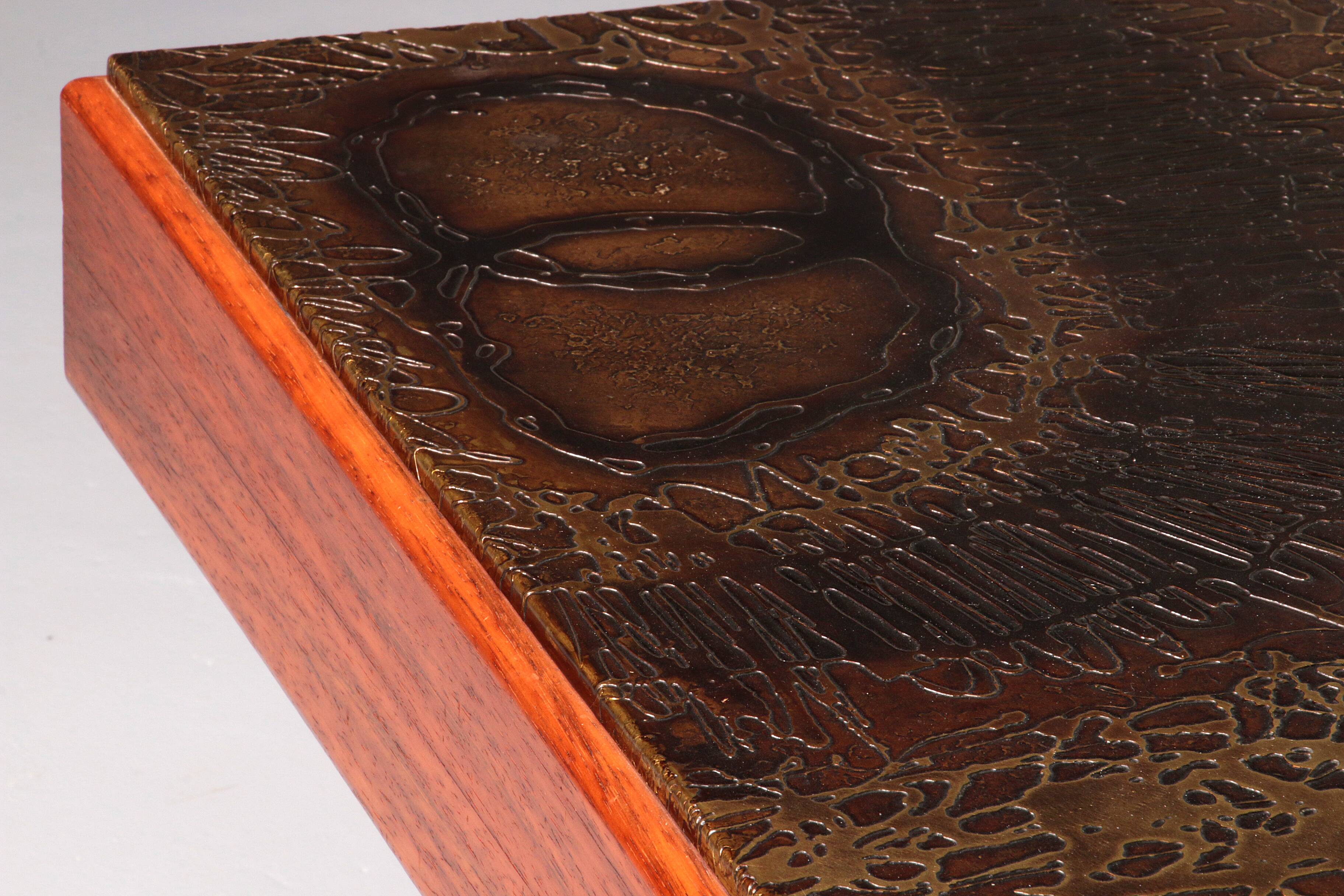 Brutalist Coffee Table with Copper Top and Wooden Base