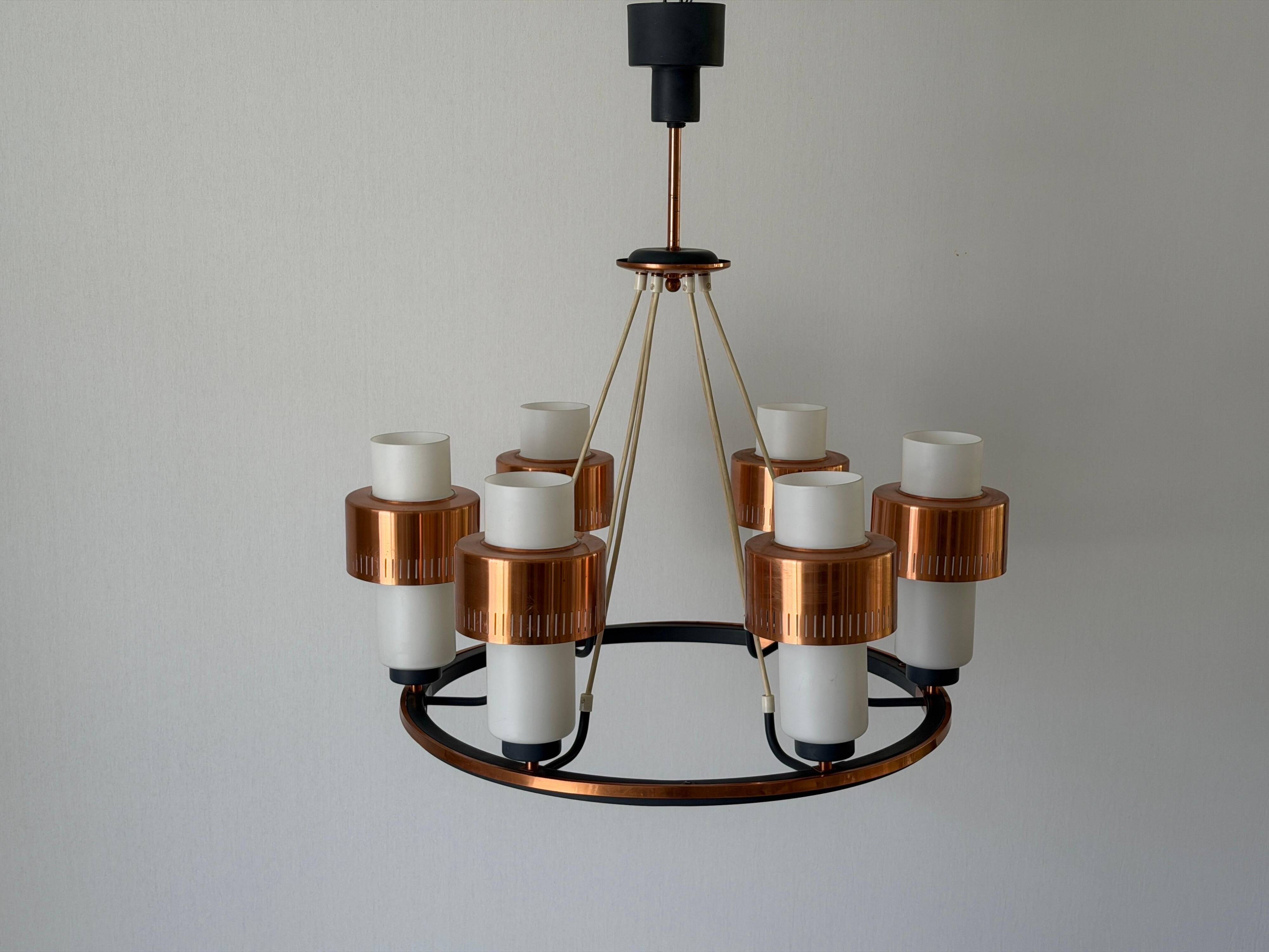 Large ceiling light with 6 arms in copper metal and glass, 1960s, Germany