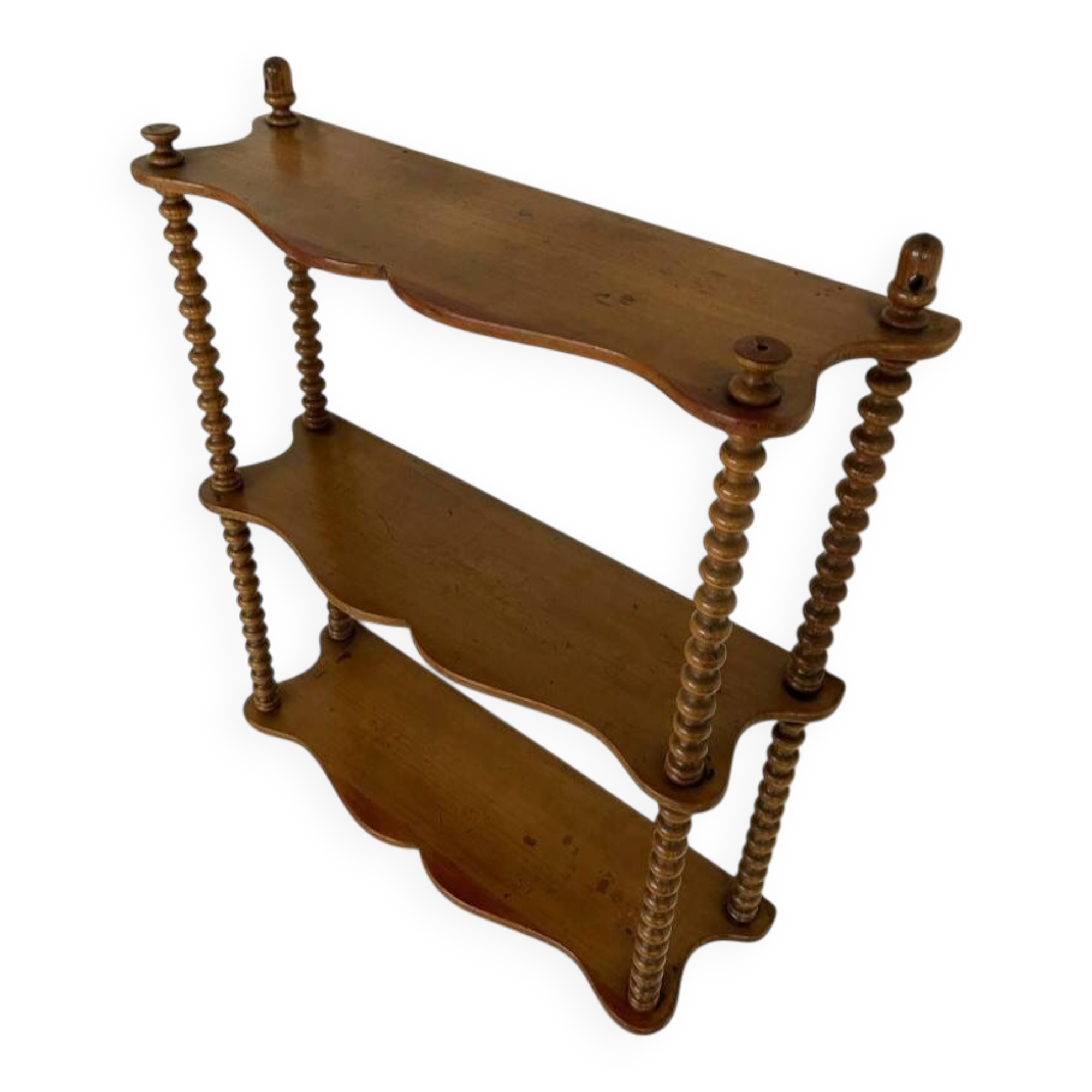 Vintage turned wood wall shelf with 3 levels.