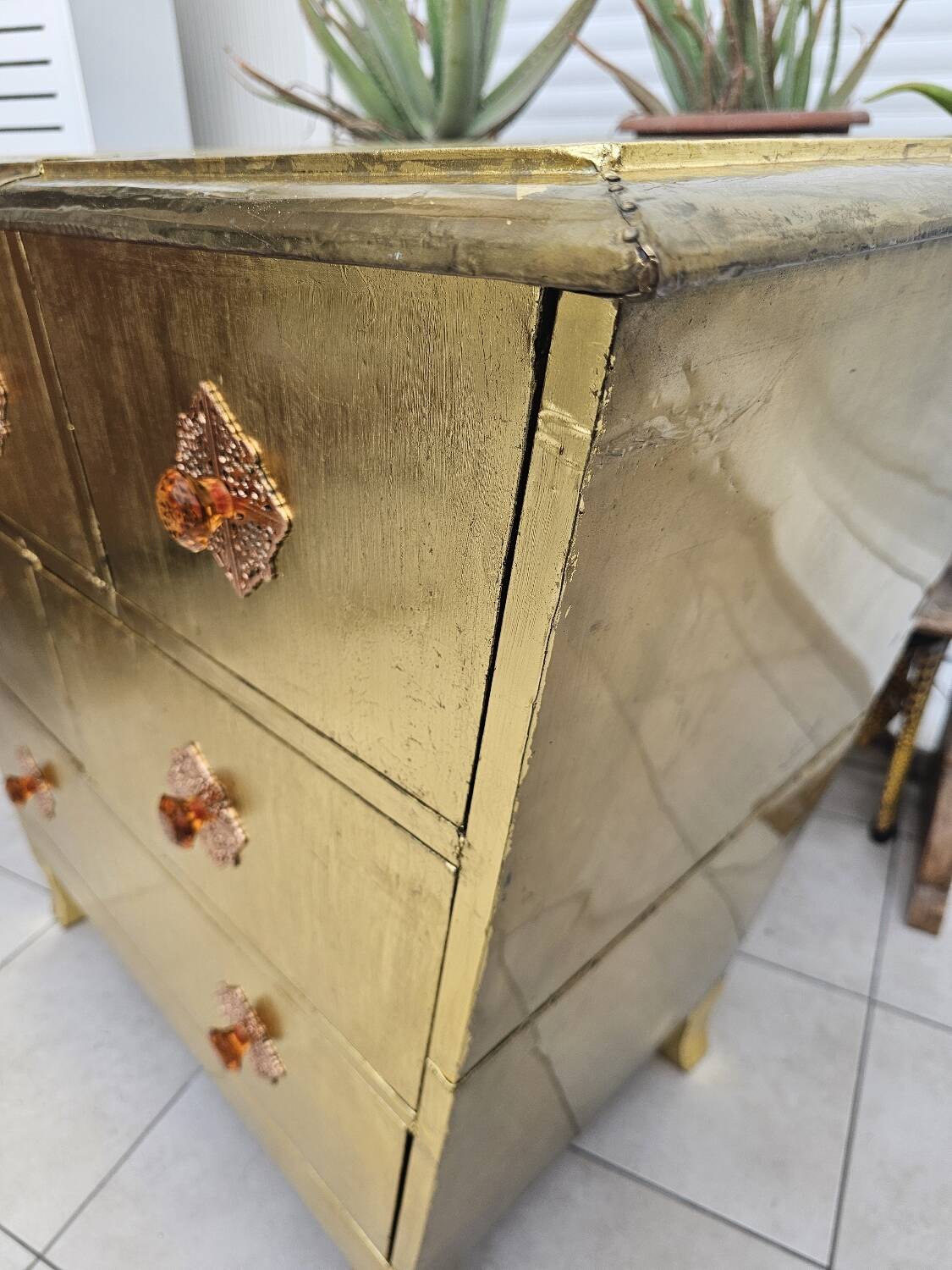 Handcrafted commode fully dressed in brass, original piece and