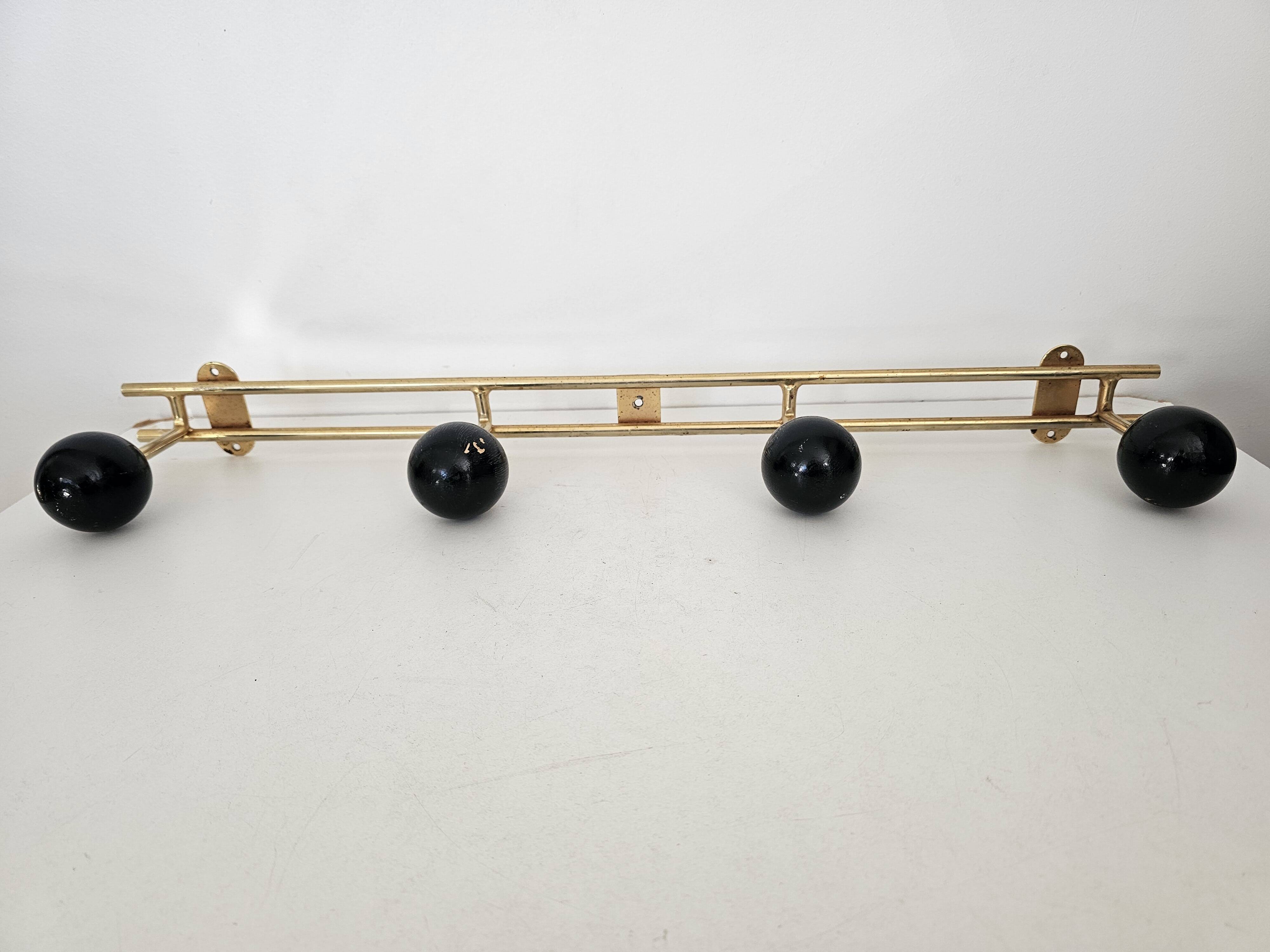 Vintage brass coat rack with black wooden ball (4 hooks)