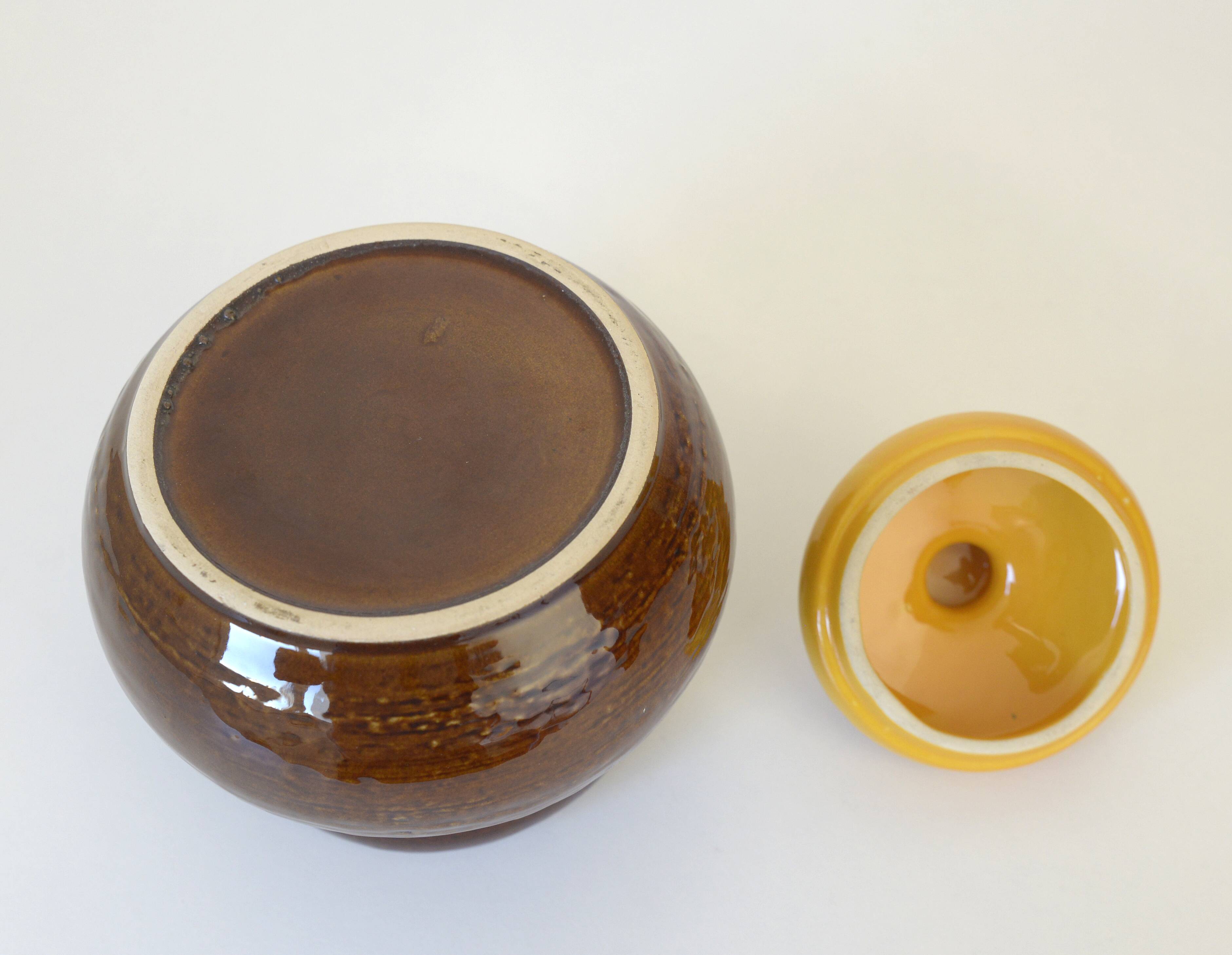 Vintage Handmade Ceramic Jar / Brown & Yellow Retro Kitchen Pottery