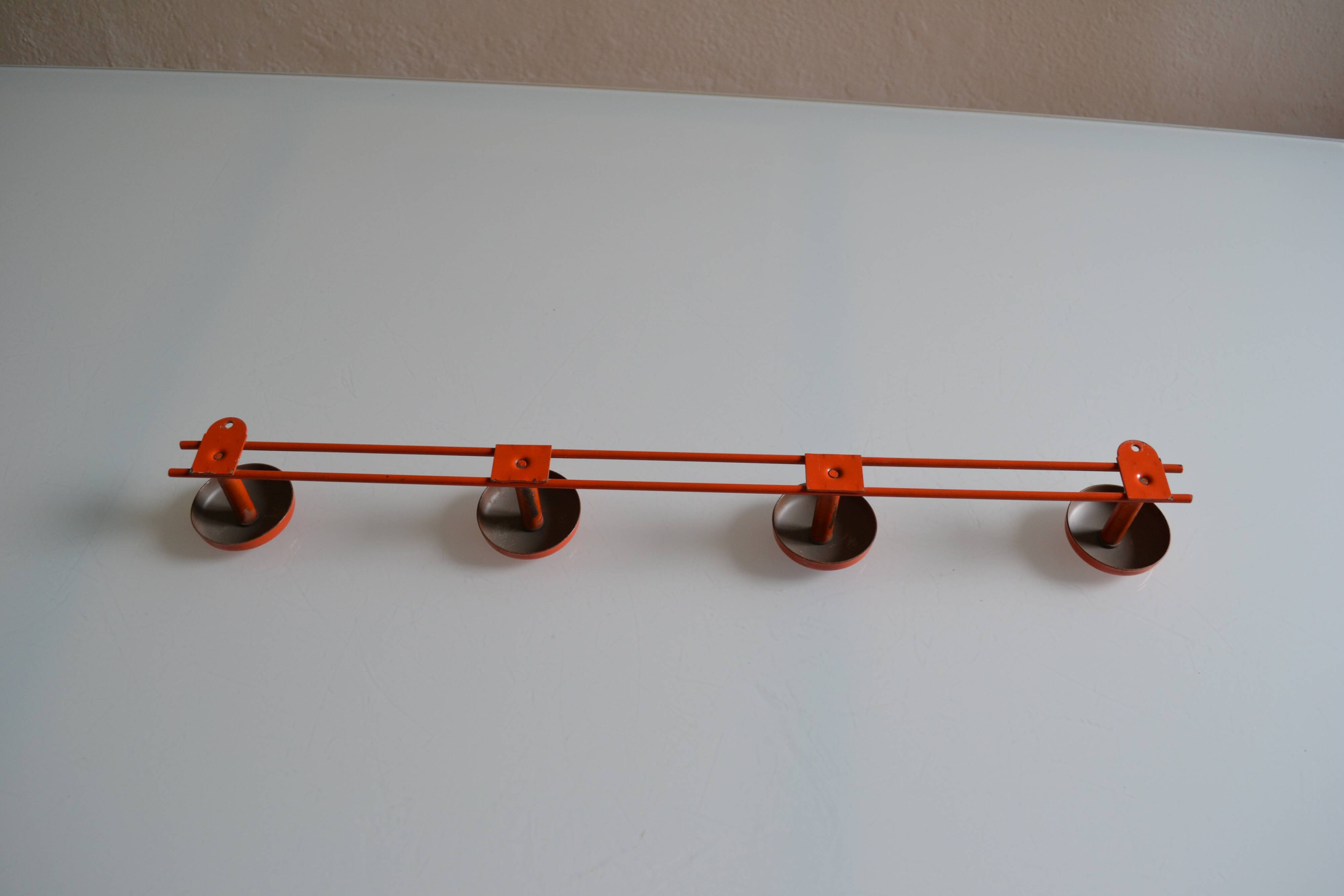 Vintage 70s orange lacquered metal 4-hook wall coat rack