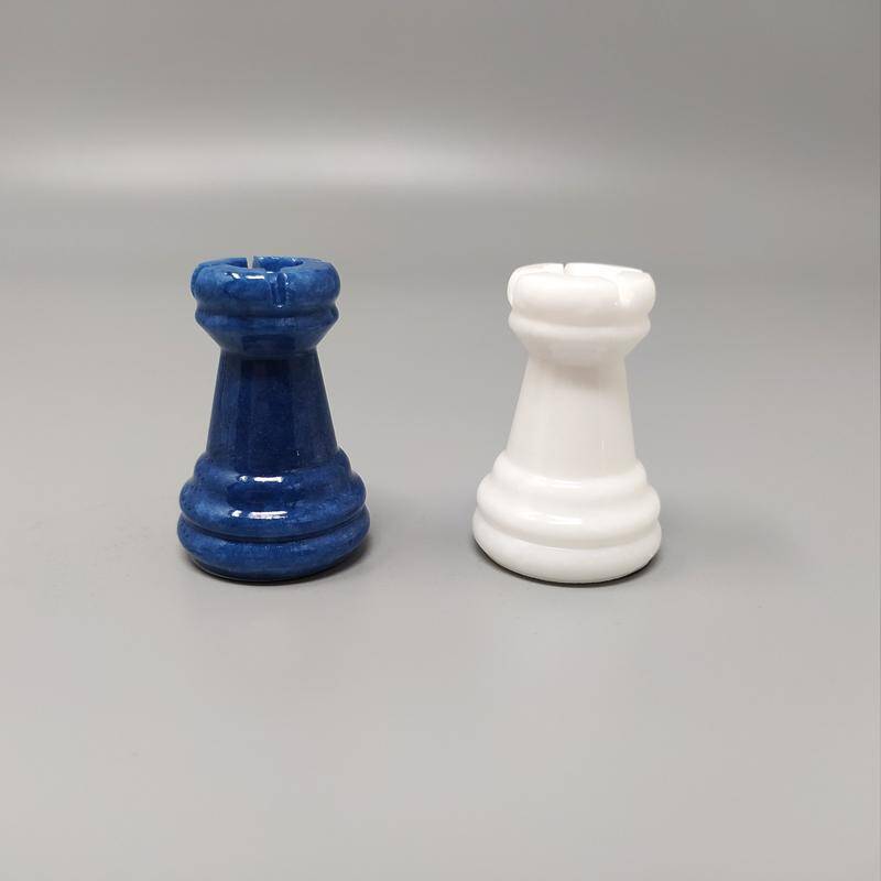 1970s Blue and White Chess Set in Volterra Alabaster Handmade. Made