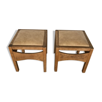 Pair of wooden stools, seated in faux leather