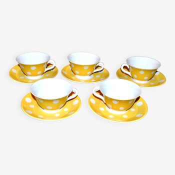 Set of 5 vintage yellow polka dot earthenware cups from Sarreguemines Digoin 1940-1950