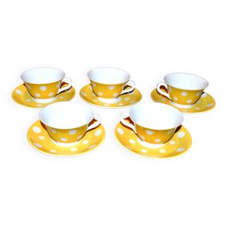 Set of 5 vintage yellow polka dot earthenware cups from Sarreguemines Digoin 1940-1950