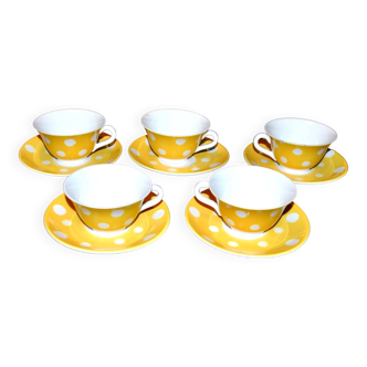 Lot de 5 tasses vintage à pois jaune en faïence de Sarreguemines Digoin 1940-1950