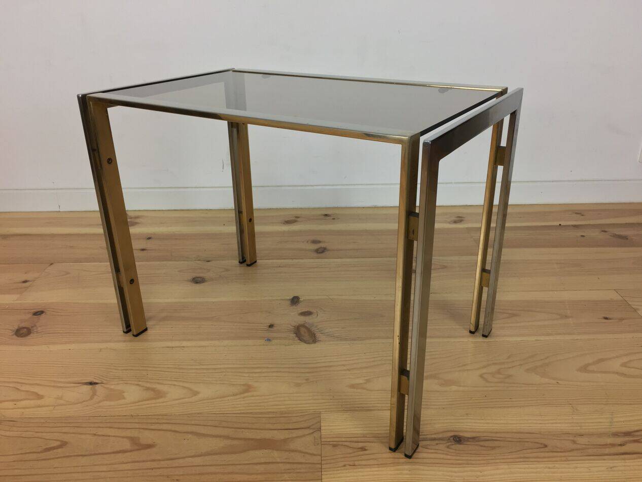 Table d'appoint 70's chrome et doré, Hollywood Regency, bout de canapé
