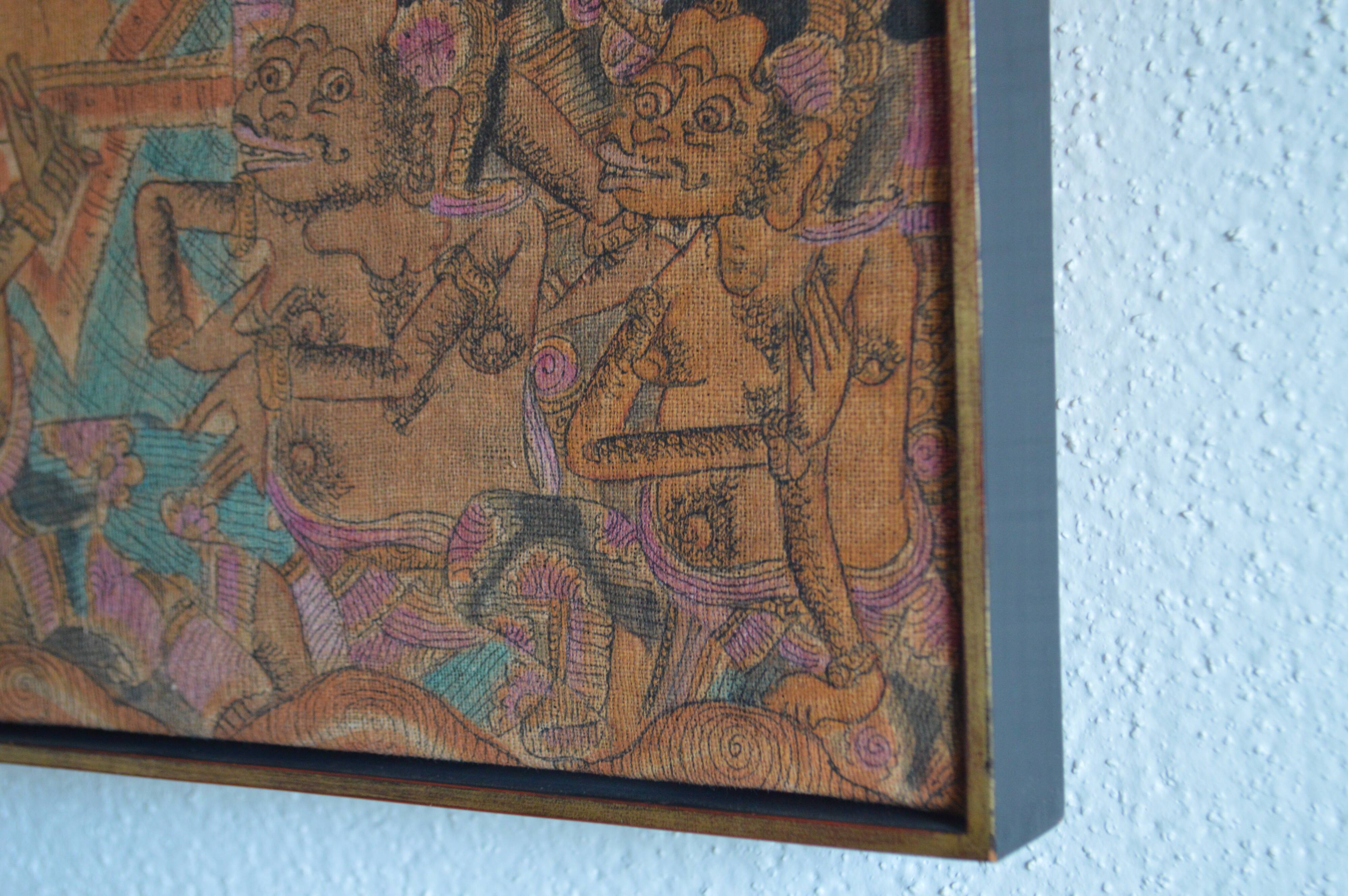 Large traditional Balinese painting on Kamasan Wayang vintage fabric.
