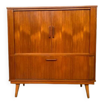Petite Enfilade vintage à 2 portes coulissantes 1 abattant bar en teck Longueur 88 cm