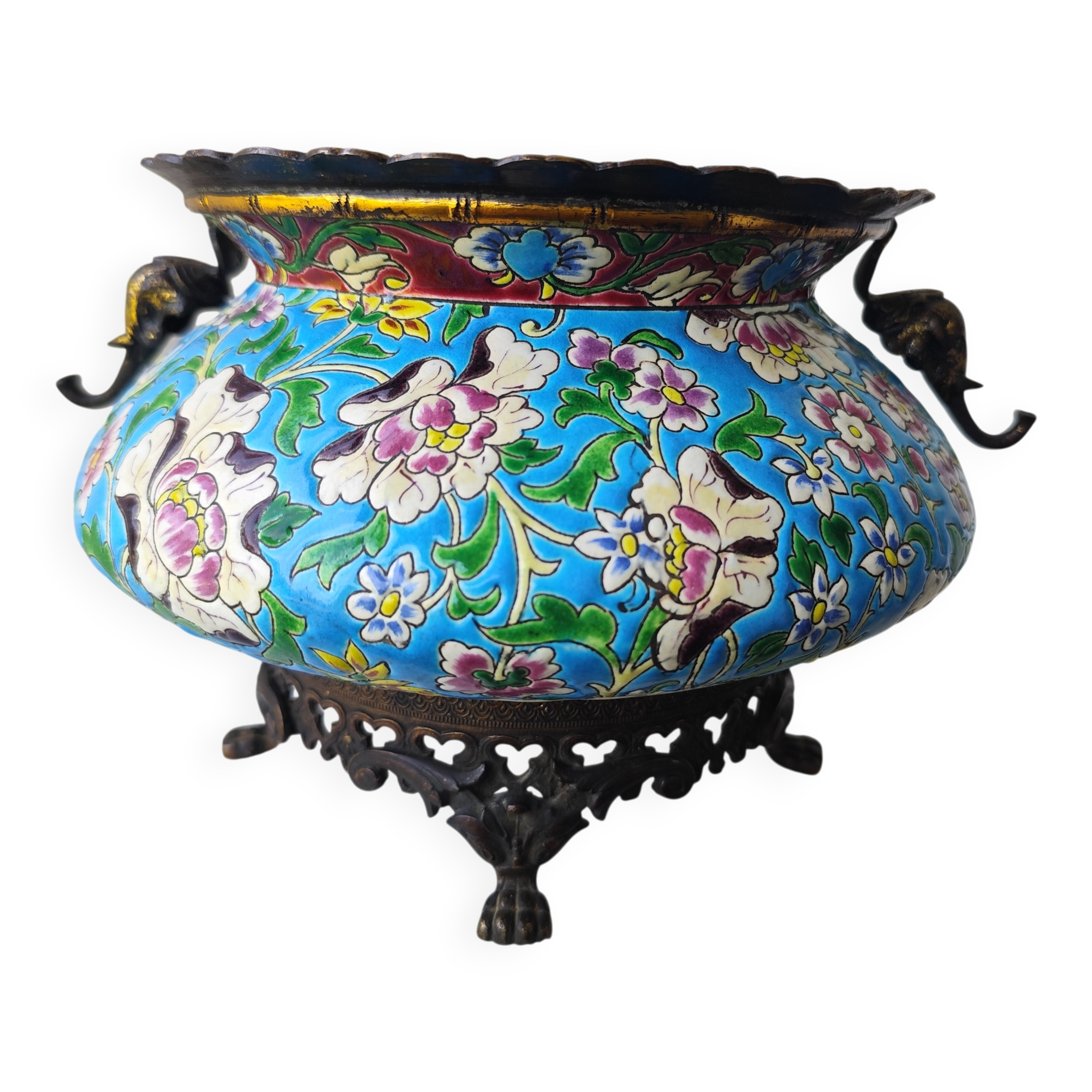 Antique jardinière ceramic enamel Longwy with bronze mount elephant head