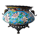 Antique jardinière ceramic enamel Longwy with bronze mount elephant head