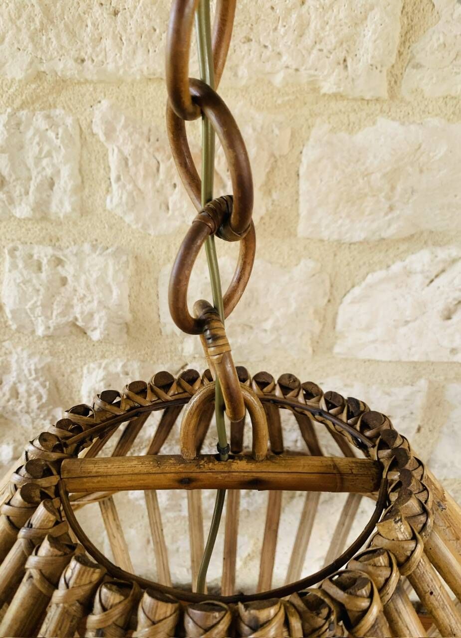 Large vintage pendant light in bamboo and rattan, circa 1960's