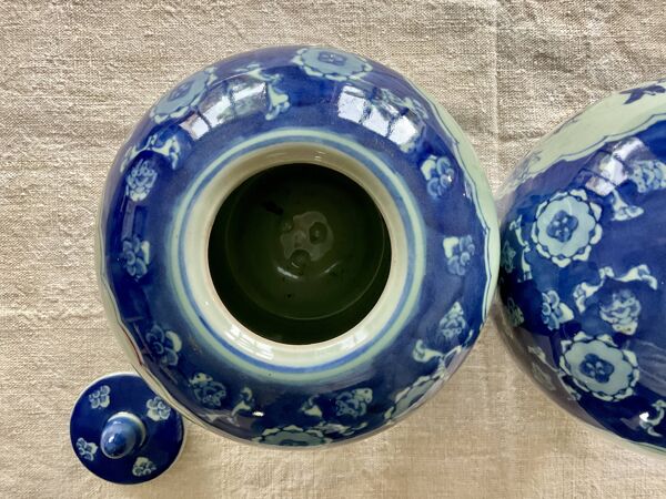 2 pots à gingembre décor bleu peint à la main