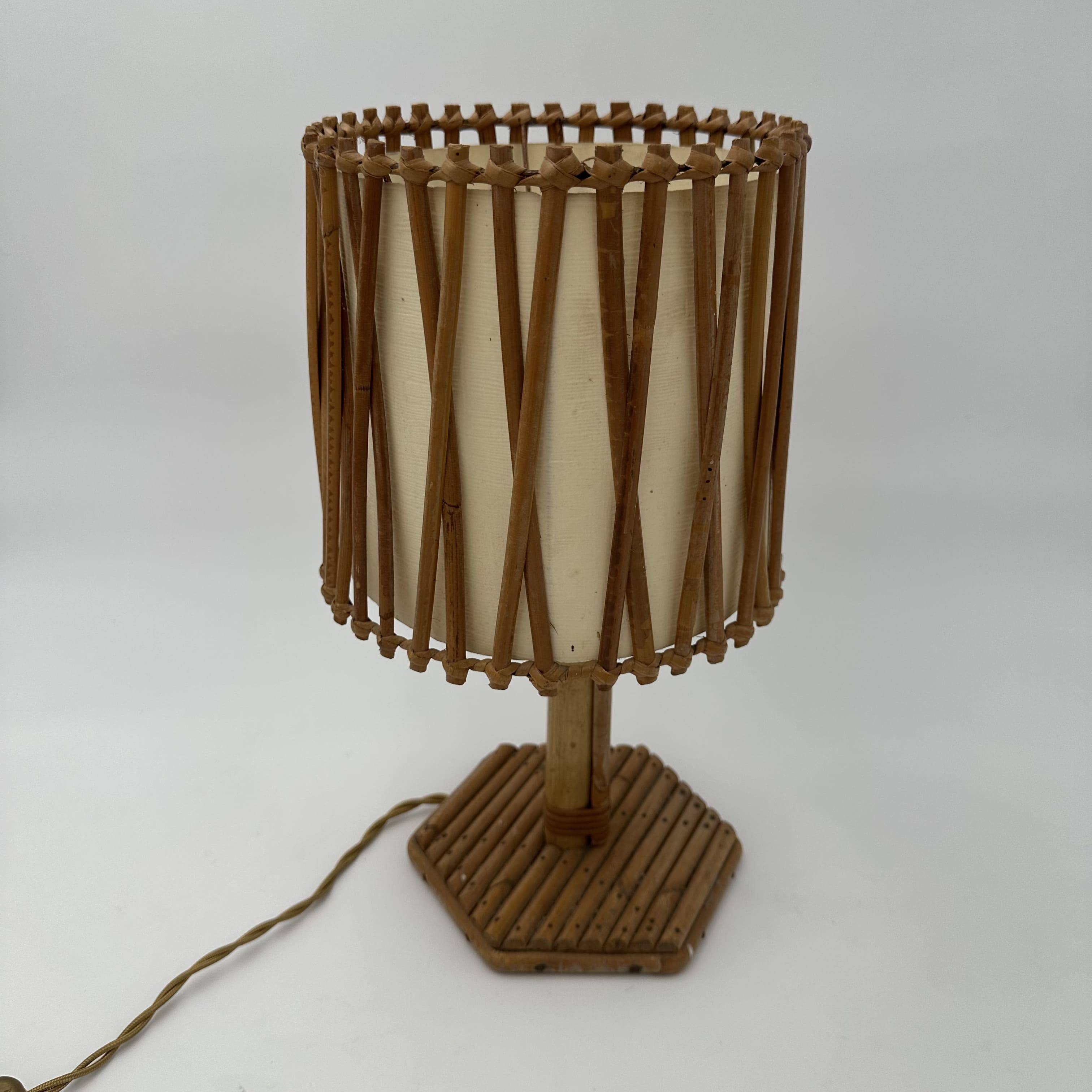 Rattan Table Lamp with Crosshatch Shade, Attributed to Louis Sognot,
