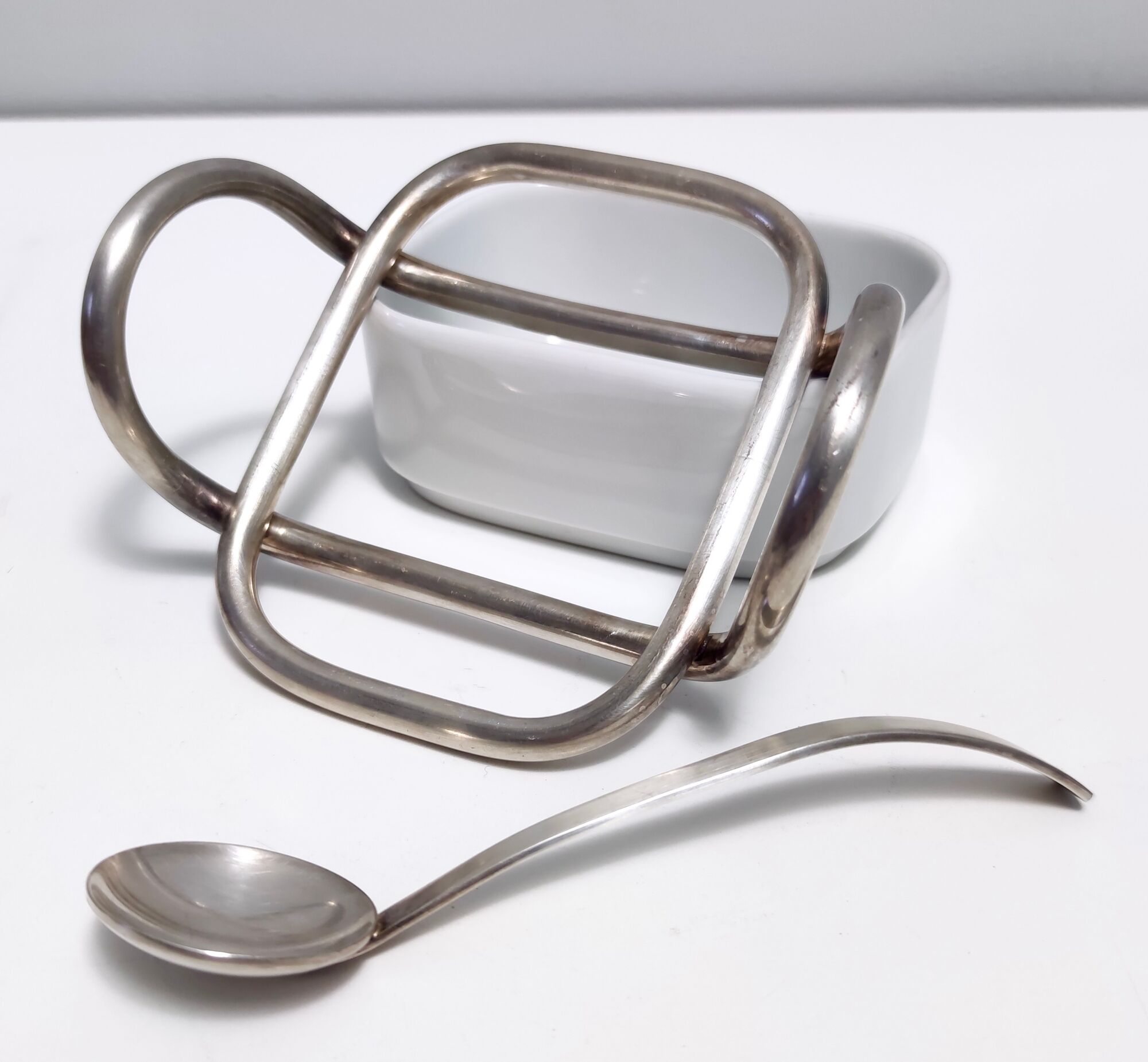 Postmodern Lino Sabattini Silver-Plated and Ceramic Cheese Bowl with Spoon