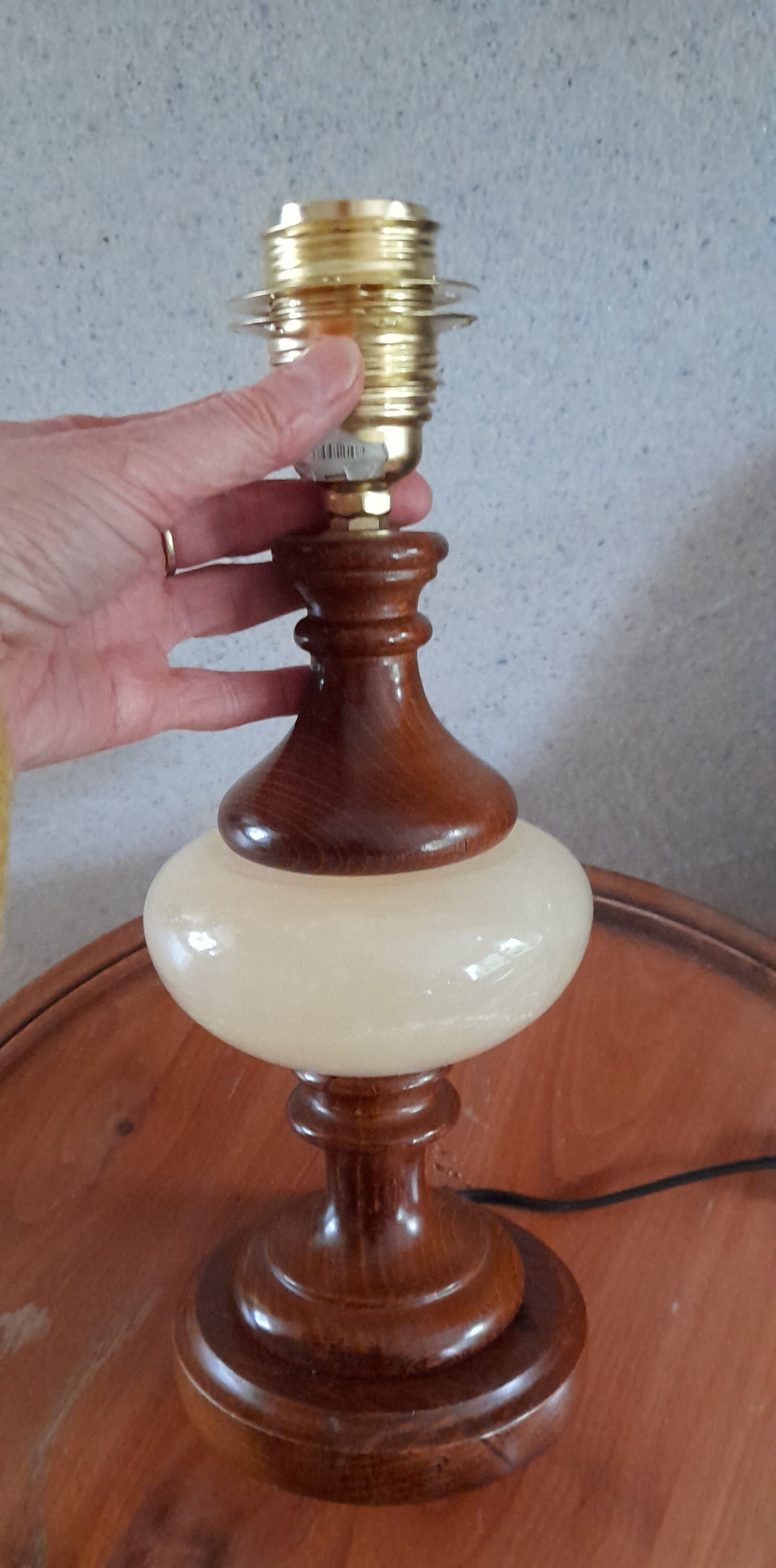 Table lamp foot turned wood and alabaster, round ecru lampshade, 50s