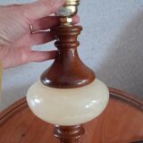 Table lamp foot turned wood and alabaster, round ecru lampshade, 50s