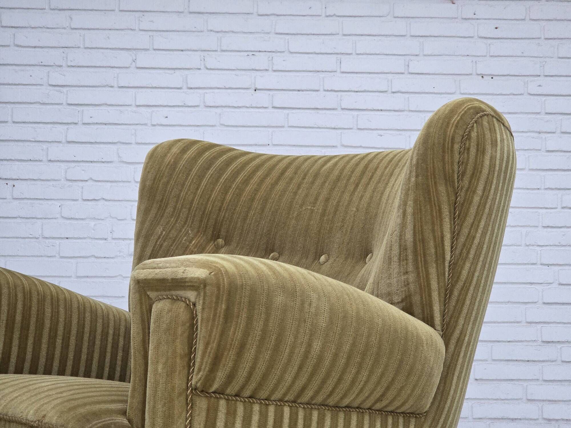 1960s, Danish relax armchair, furniture velour, oak wood.