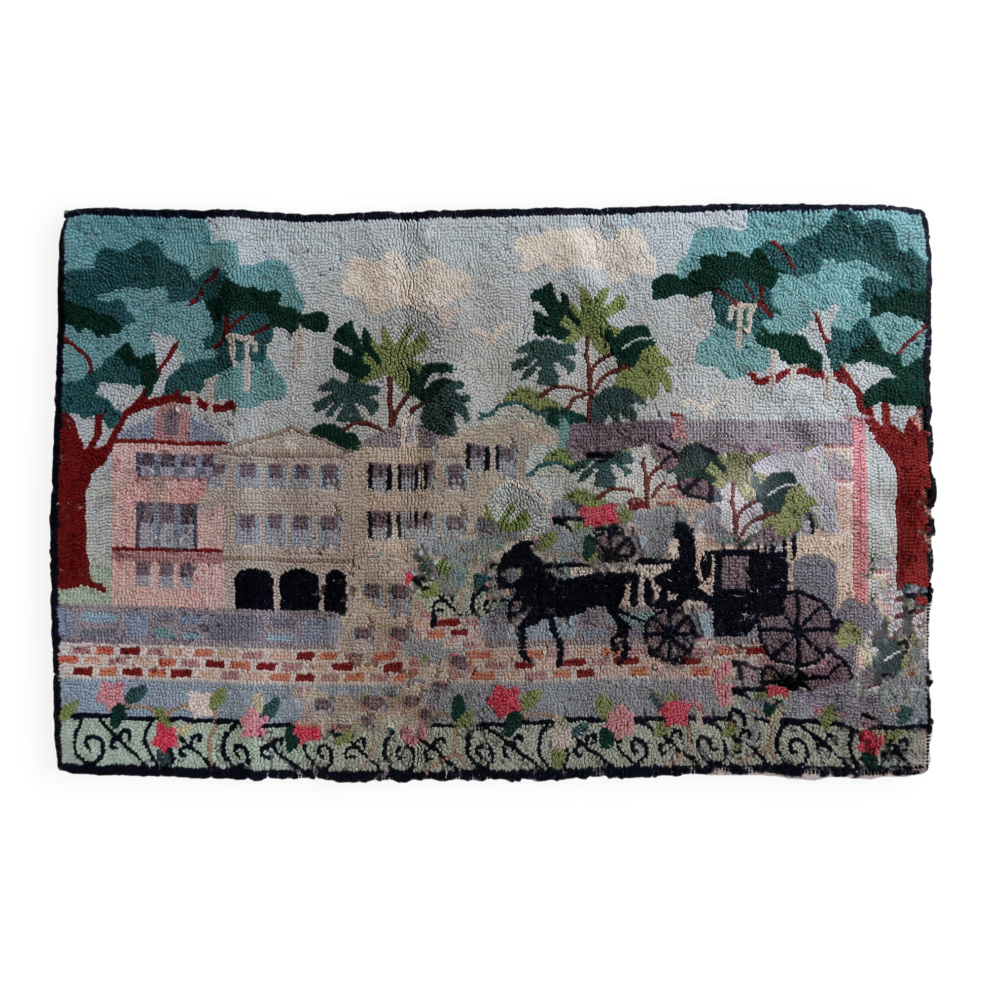 Tapis Hooked vintage américain – 56 x 86 cm – Design pictural - 1C982