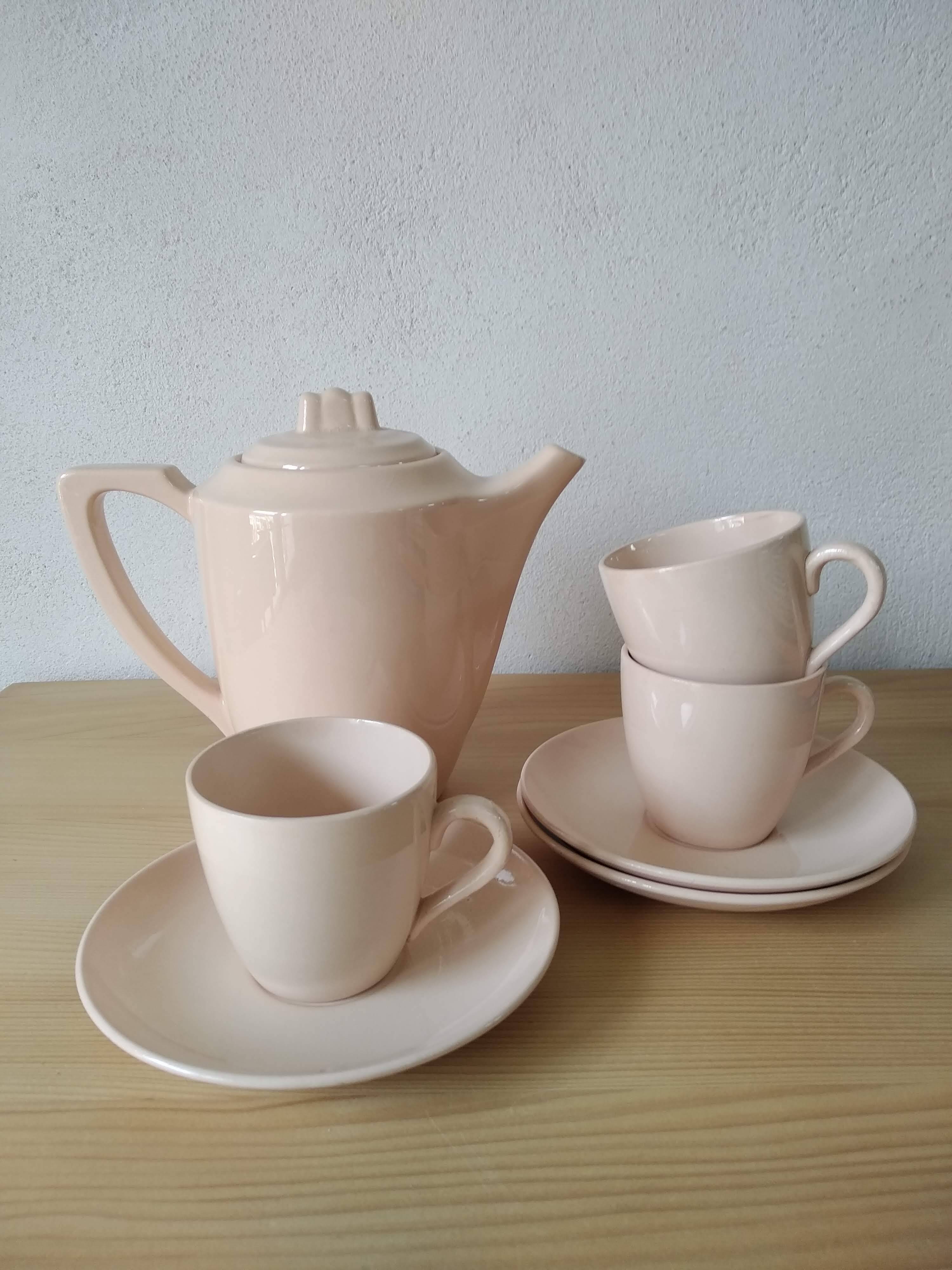 3 cups + Digoin Sarreguemines pink Art Deco jug