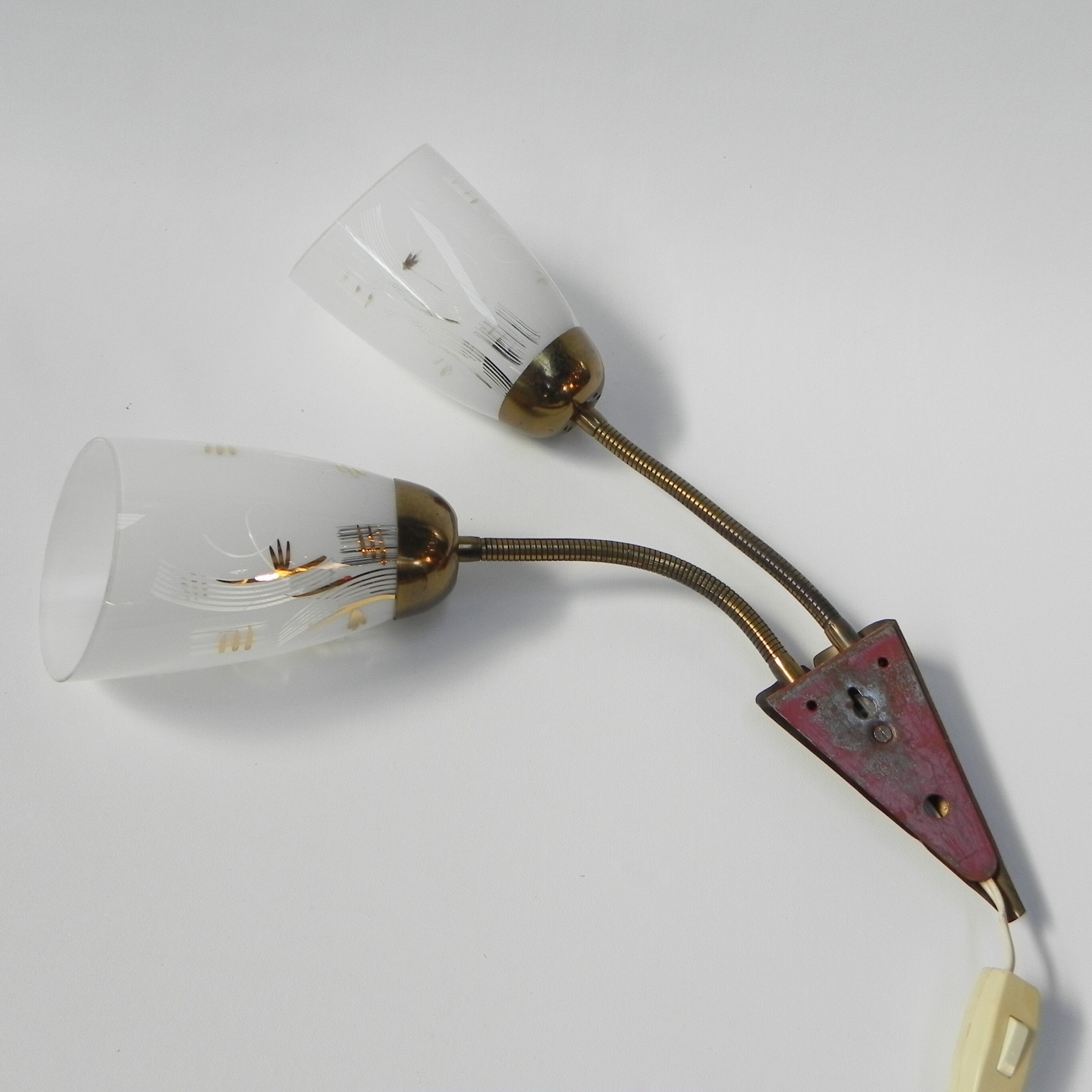 Vintage wall lamp with tube rods and 2 glass shades