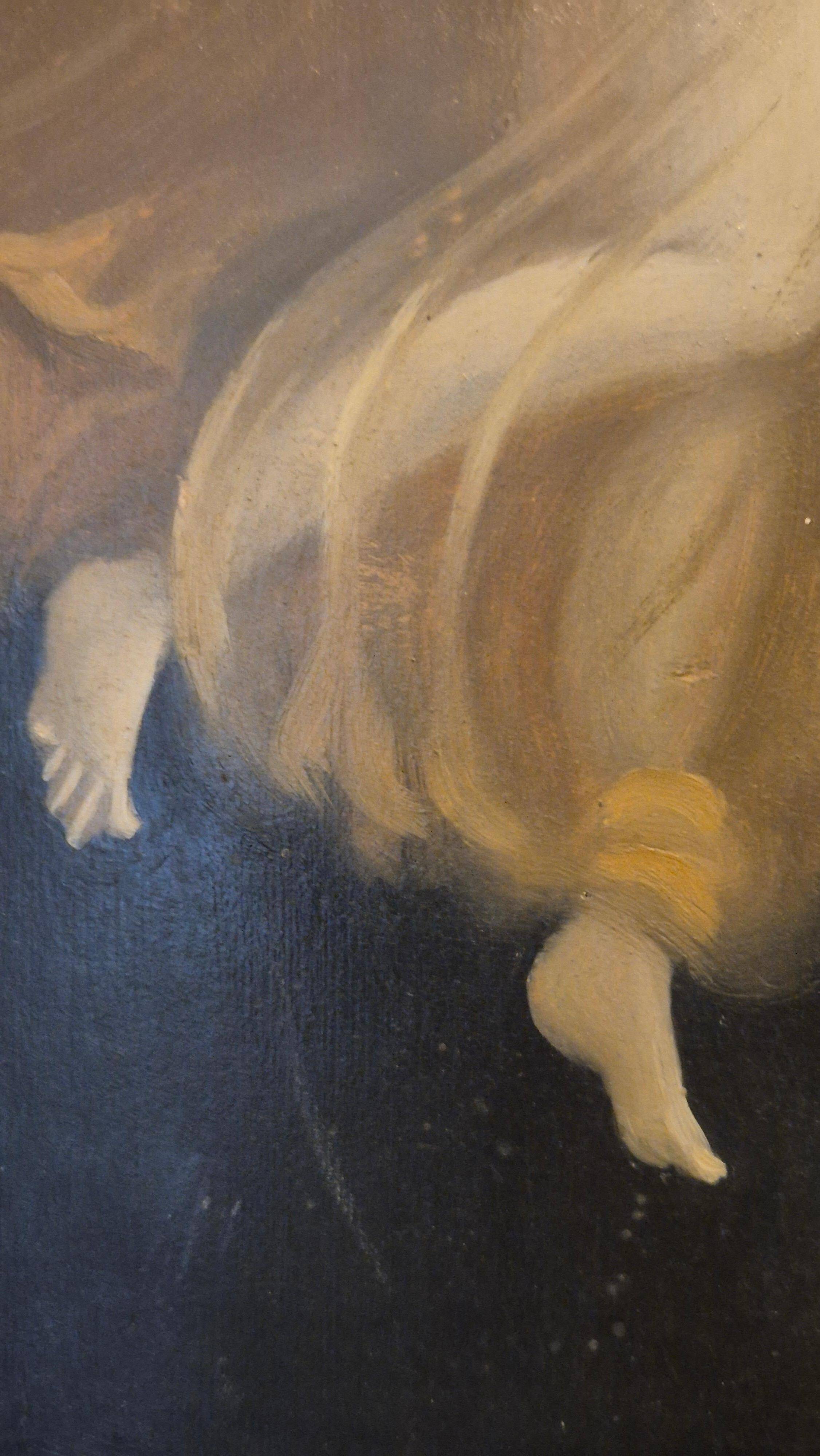 Pair of oil paintings in the neoclassical style depicting dancing nymphs dressed in transparent gowns, dating from the mid-19th century.