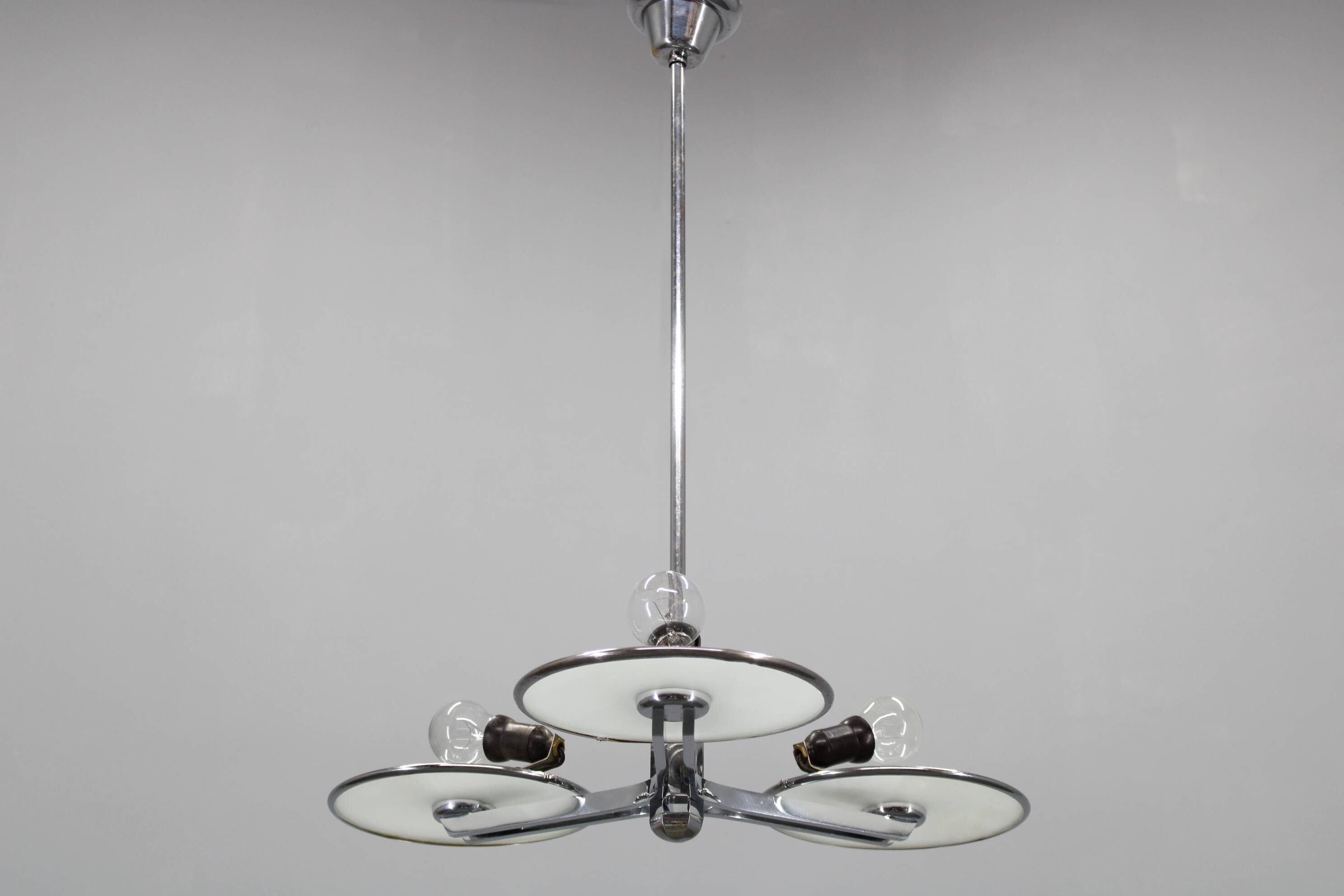 Restored Bauhaus or Art Deco chrome and glass chandelier, Czechoslovakia