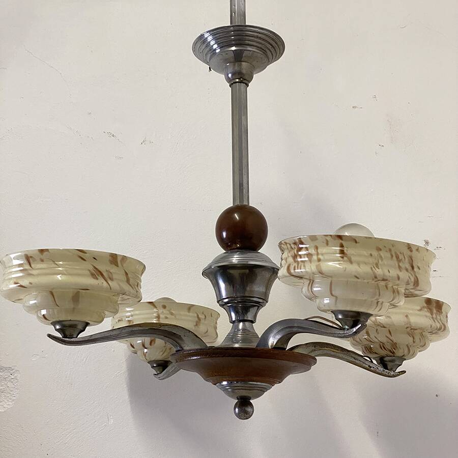 Art Deco chandelier in wood, chrome metal, and glass.