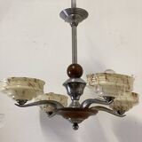 Art Deco chandelier in wood, chrome metal, and glass.