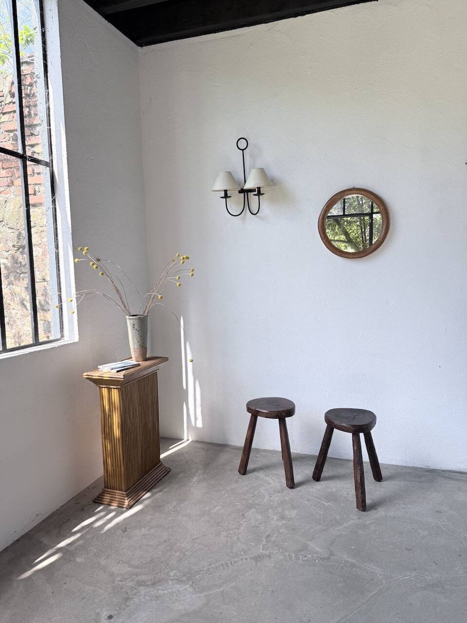 Pair of tripod stools in oak
