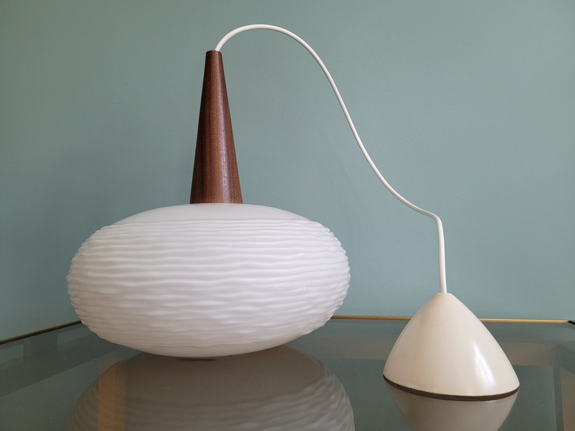 Scandinavian suspension in opaline and teak, 60s