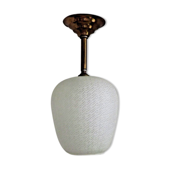 French Vintage Retro White Patterned Glass Ceiling Light With Brass Fitting 3611
