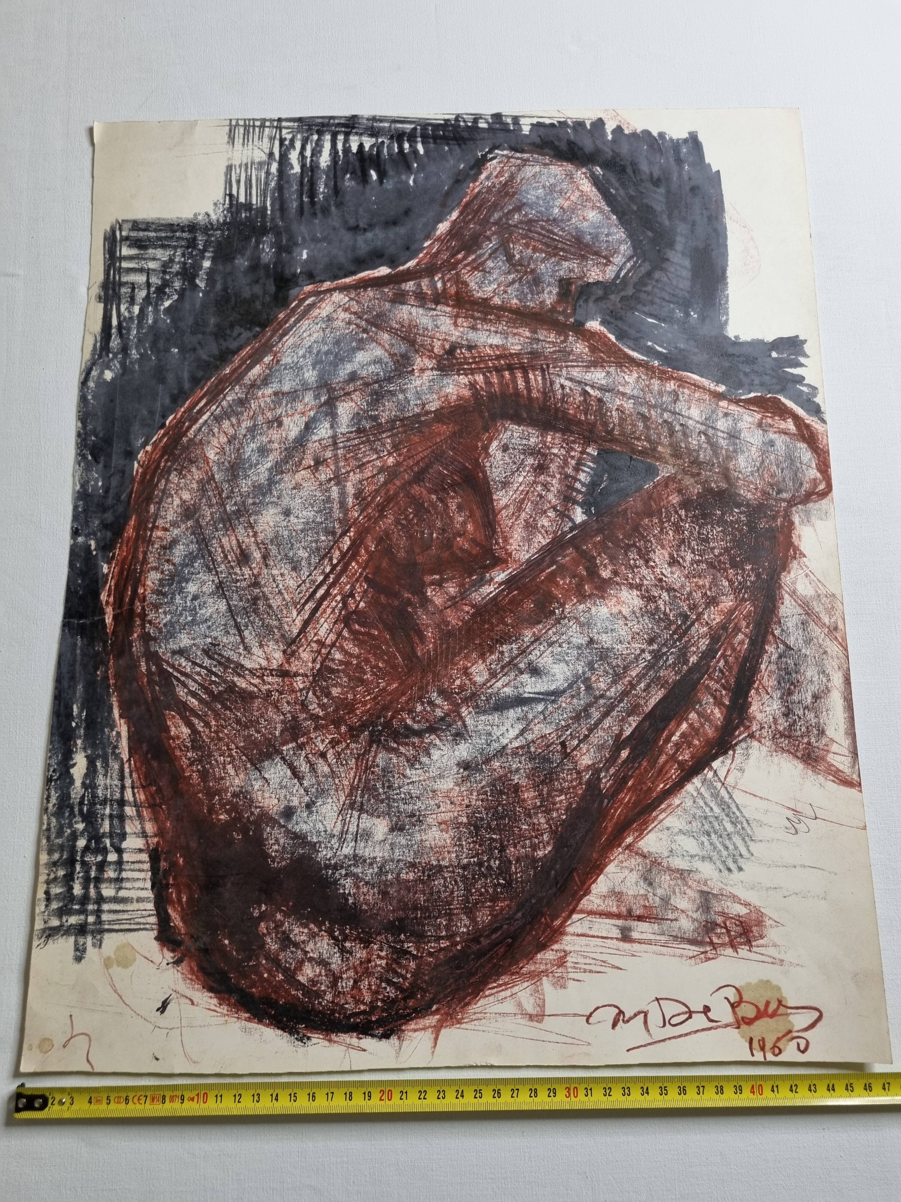 Charcoal and red chalk nude study signed by Maurice de Bus, 1960, 47 x 60 cm