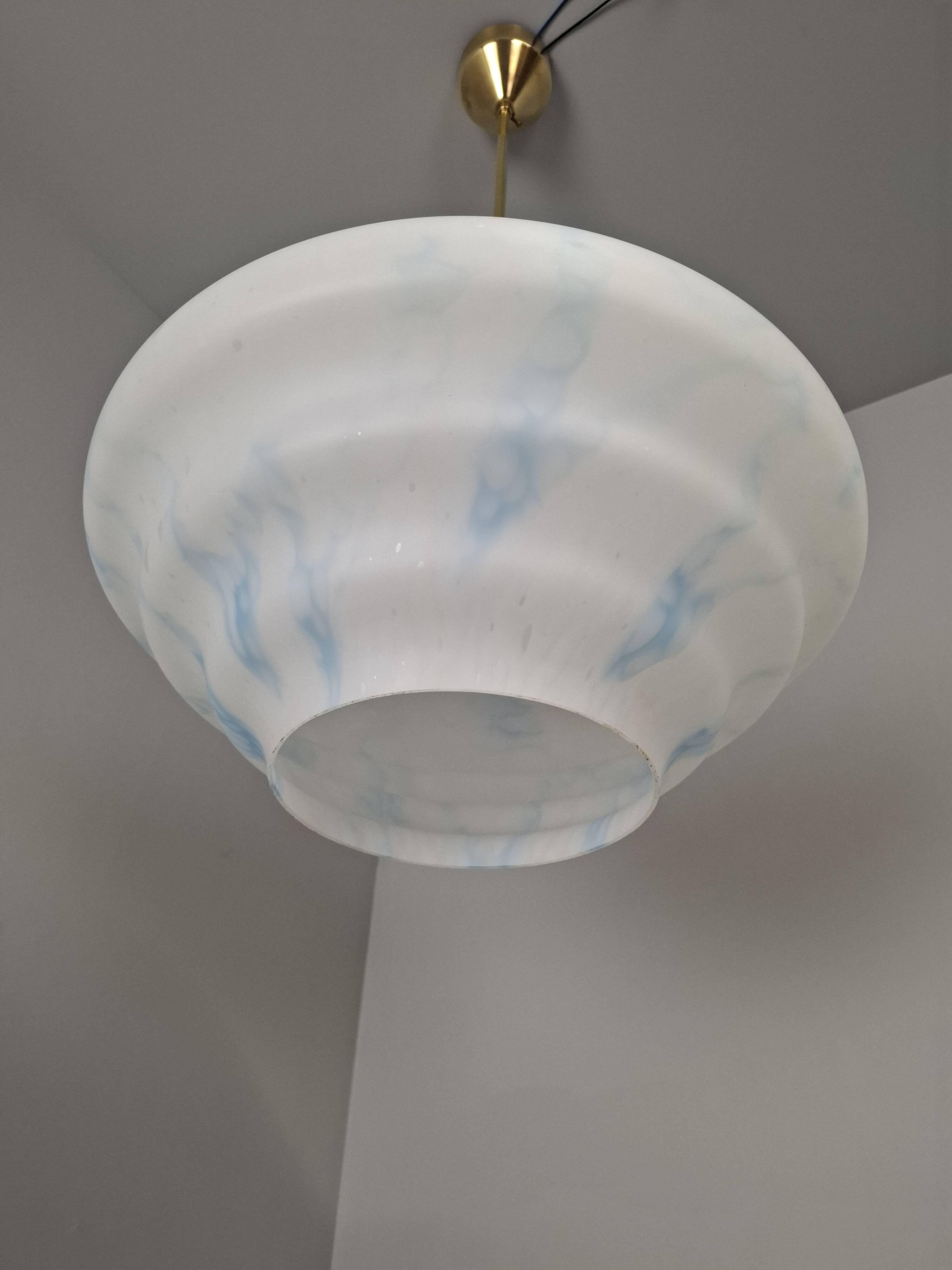 Napako Midcentury Modern Pendant Lamp in Opaline Glass and Brass, Czechoslovakia