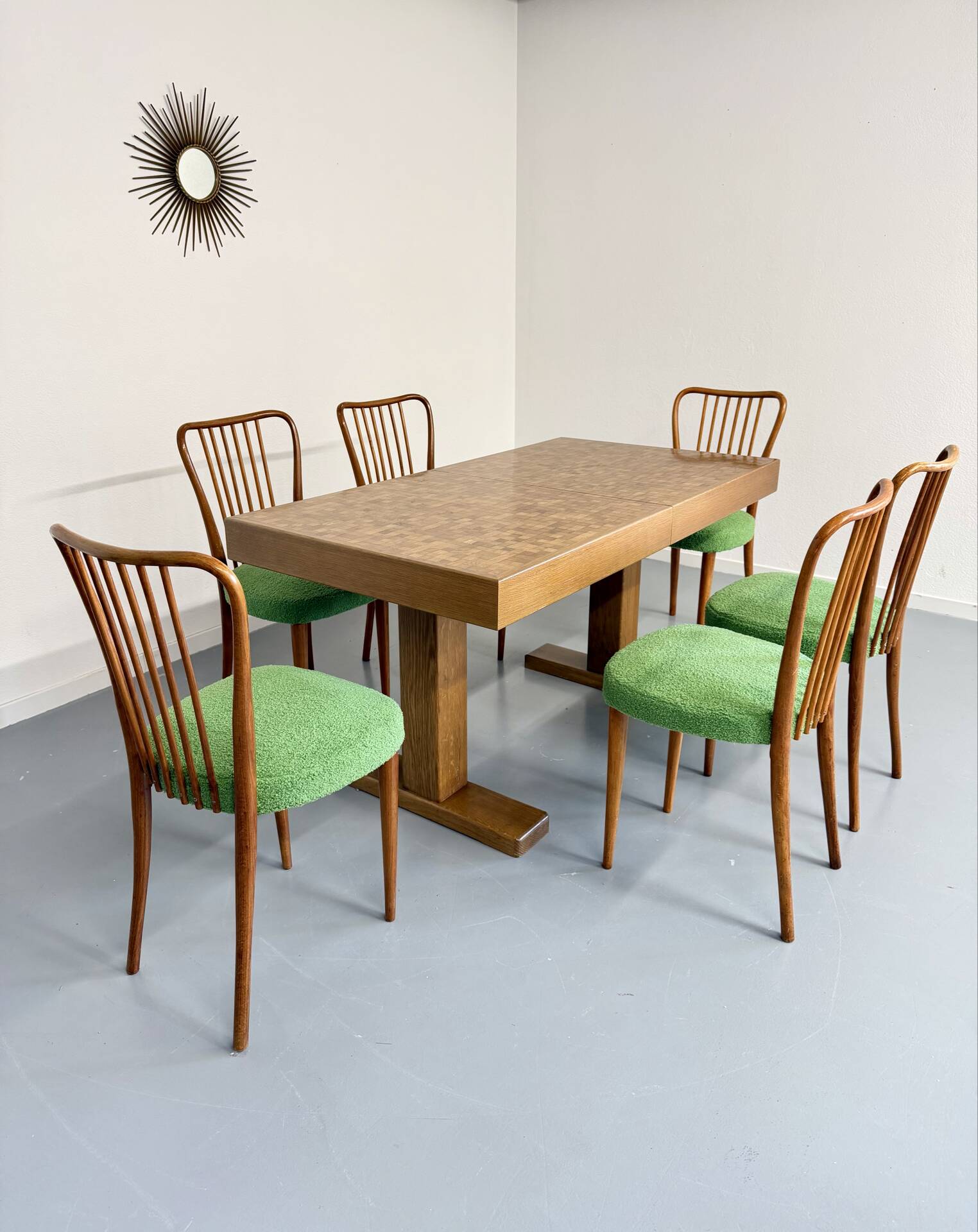 Wooden marquetry dining table designed by Dieter Waeckerlin from the 1960s.