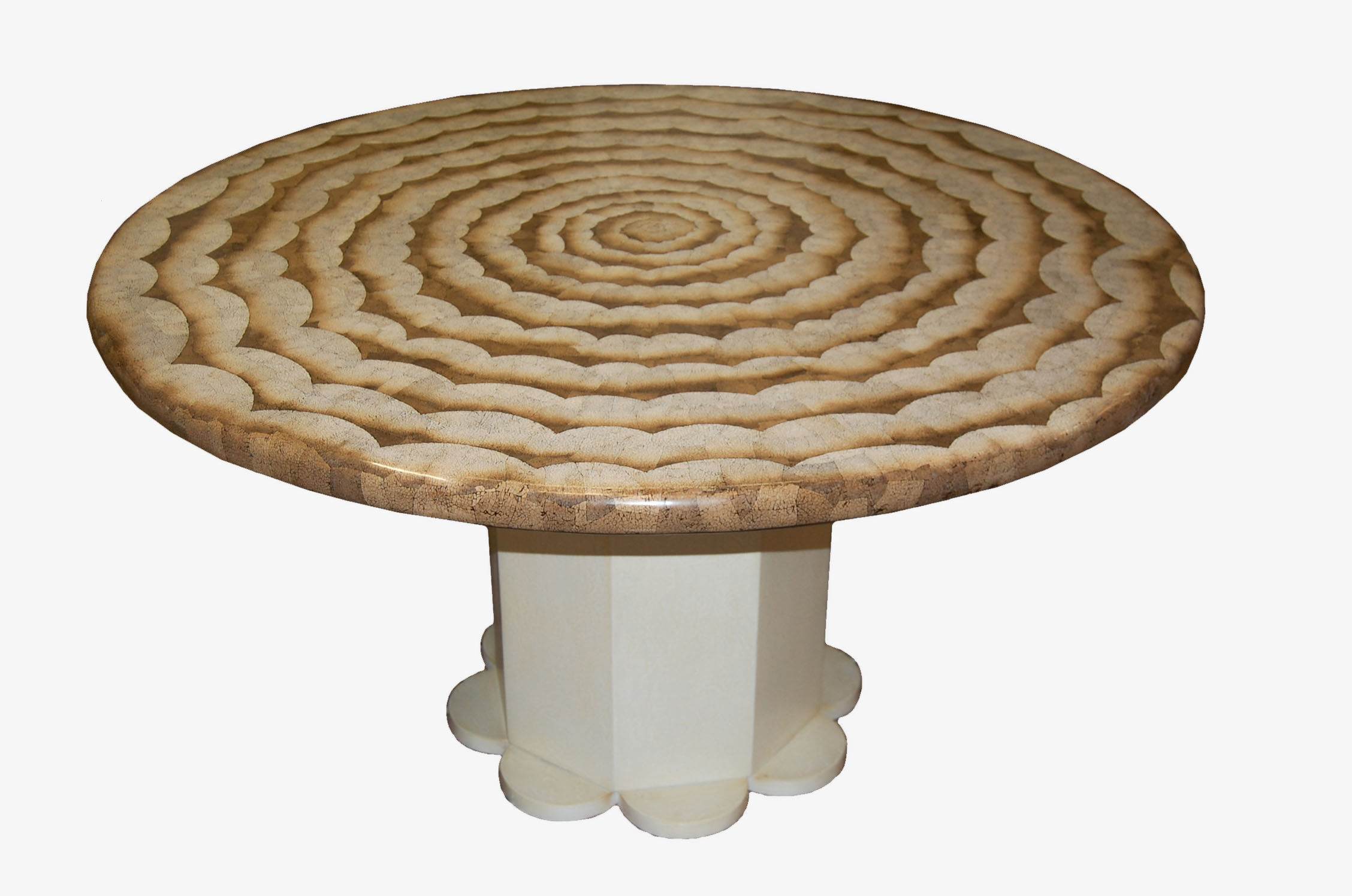 Round dining table in white lacquered wood, Italy, 1970s, decorated eggshell top