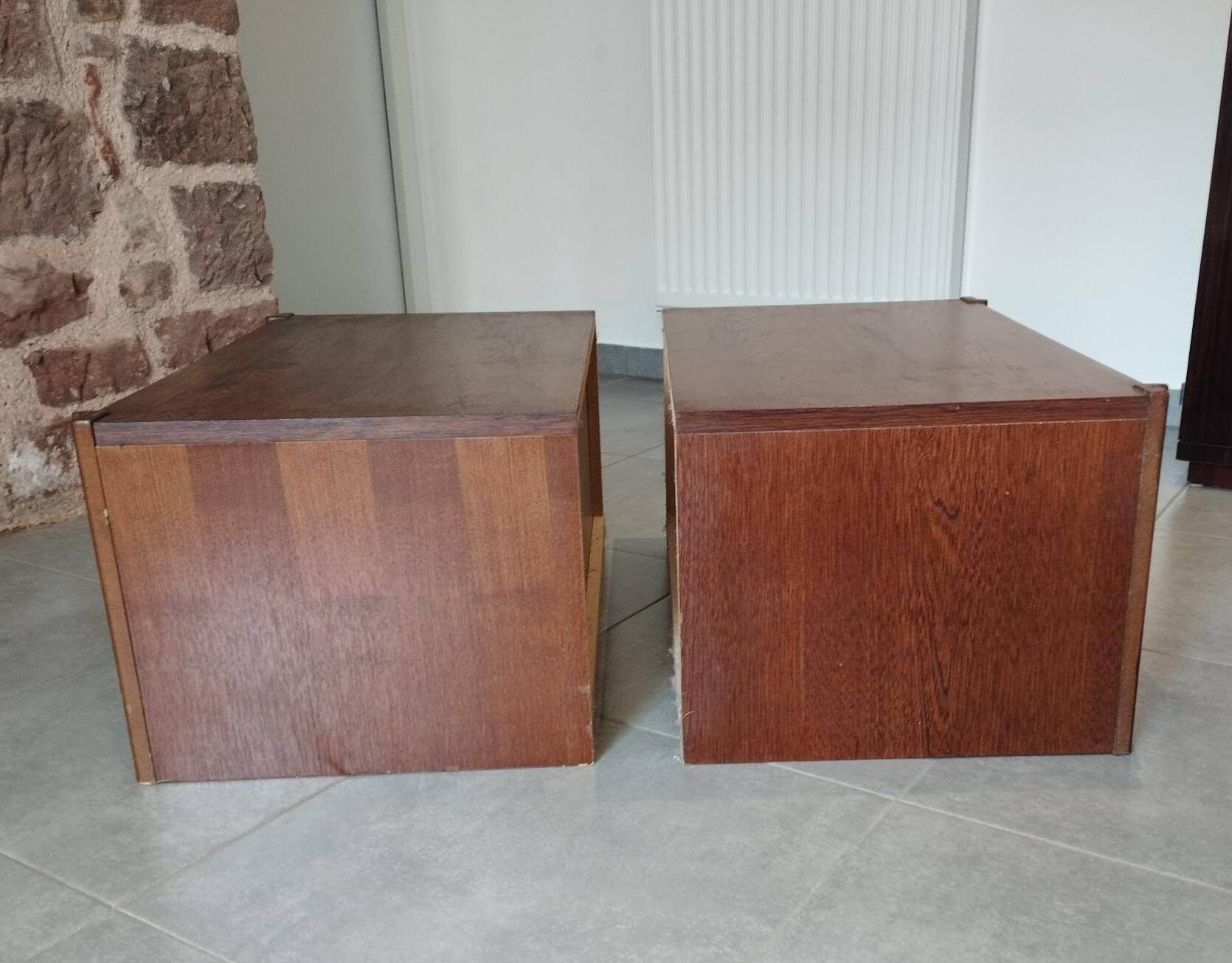 Pair of vintage Scandinavian design modules, bedside table, chest of drawers, sideboard, table.