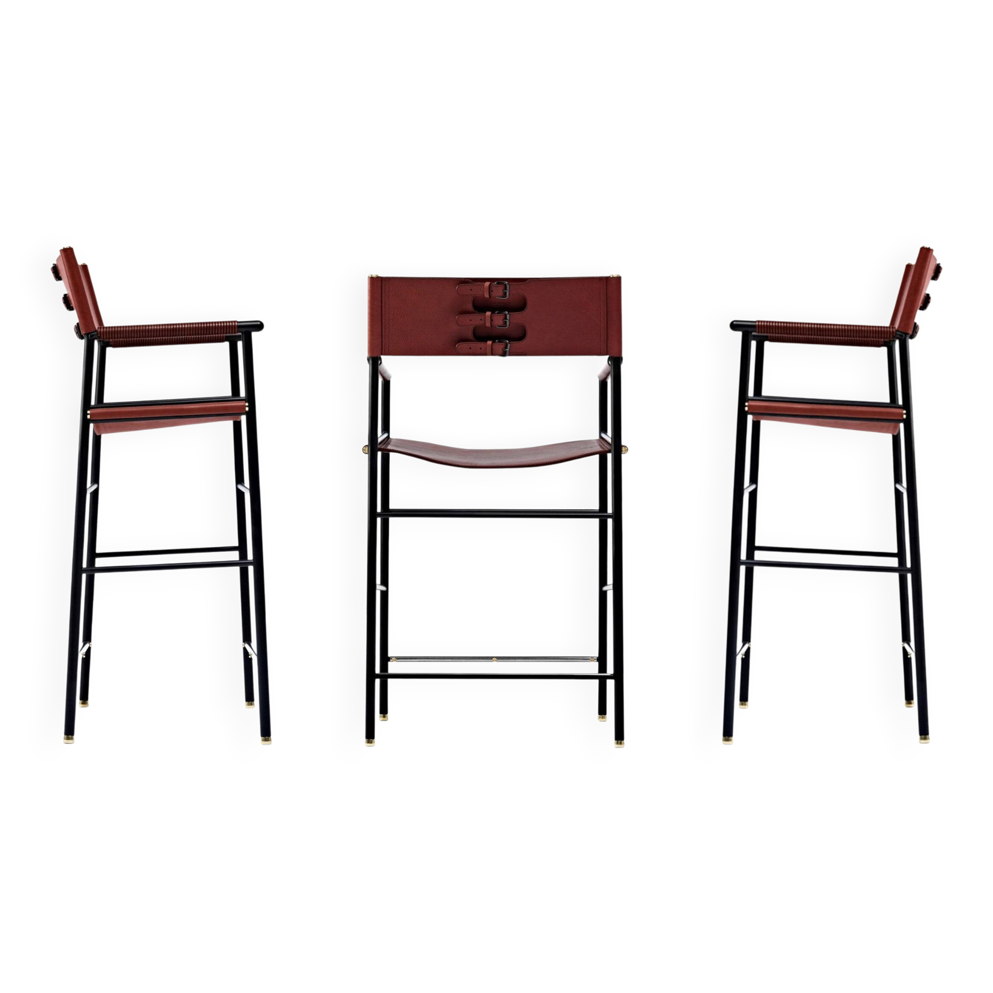 Set of 3 Artisan bar stools with backrest in cognac leather, black rubber metal.