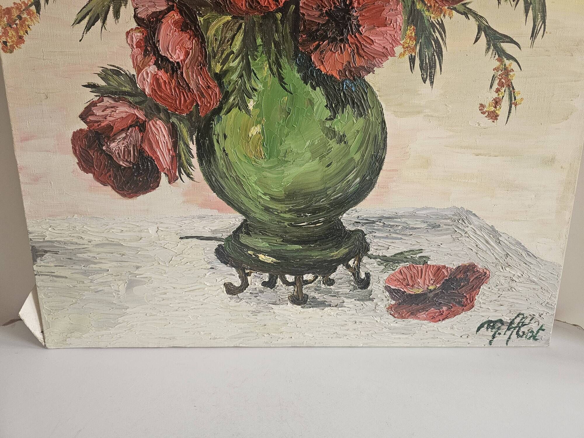 Oil on Canvas Knife Painting Still Life Flowers Poppies Signed M