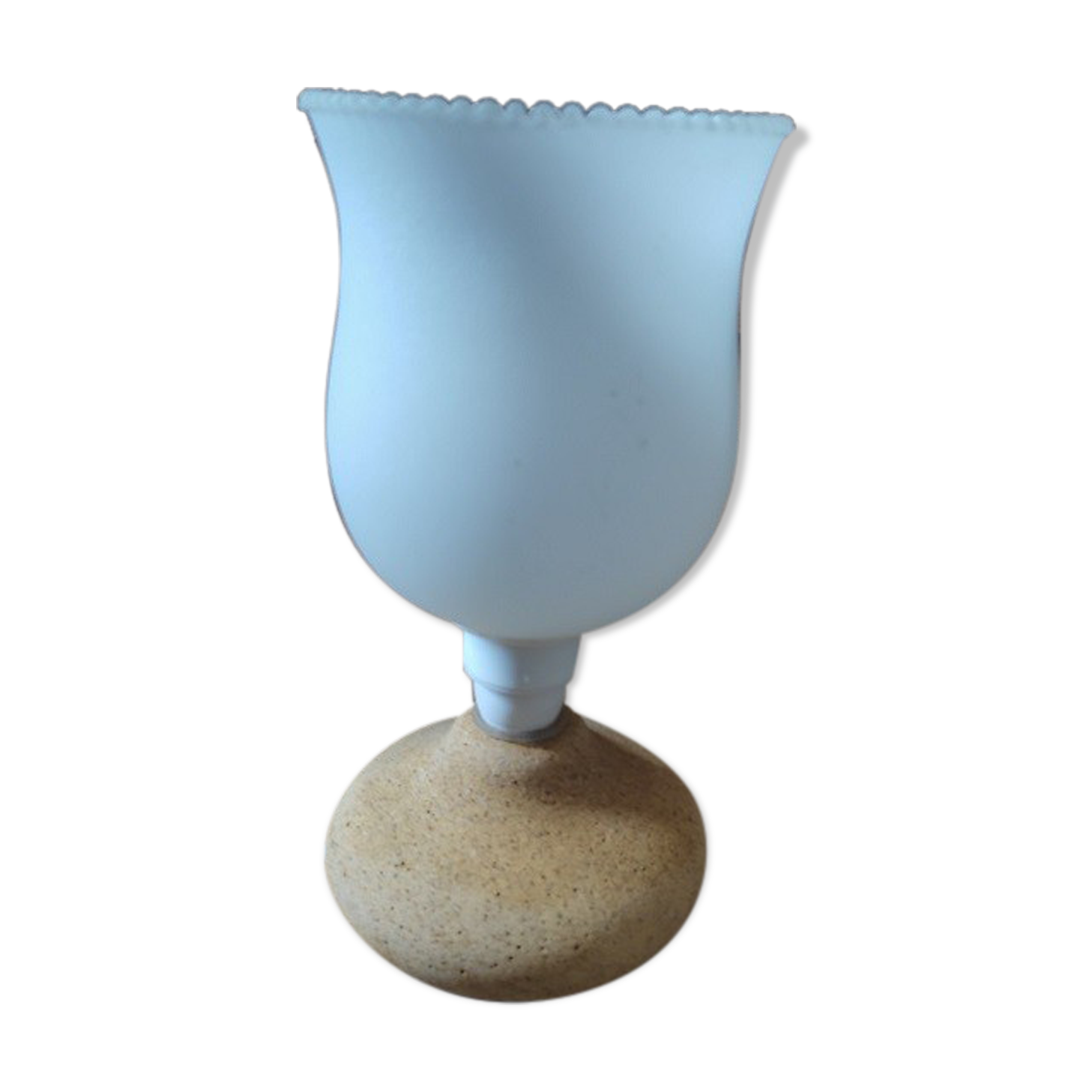 Lampe chevet base pierre reconstituée tulipe verre blanc originale