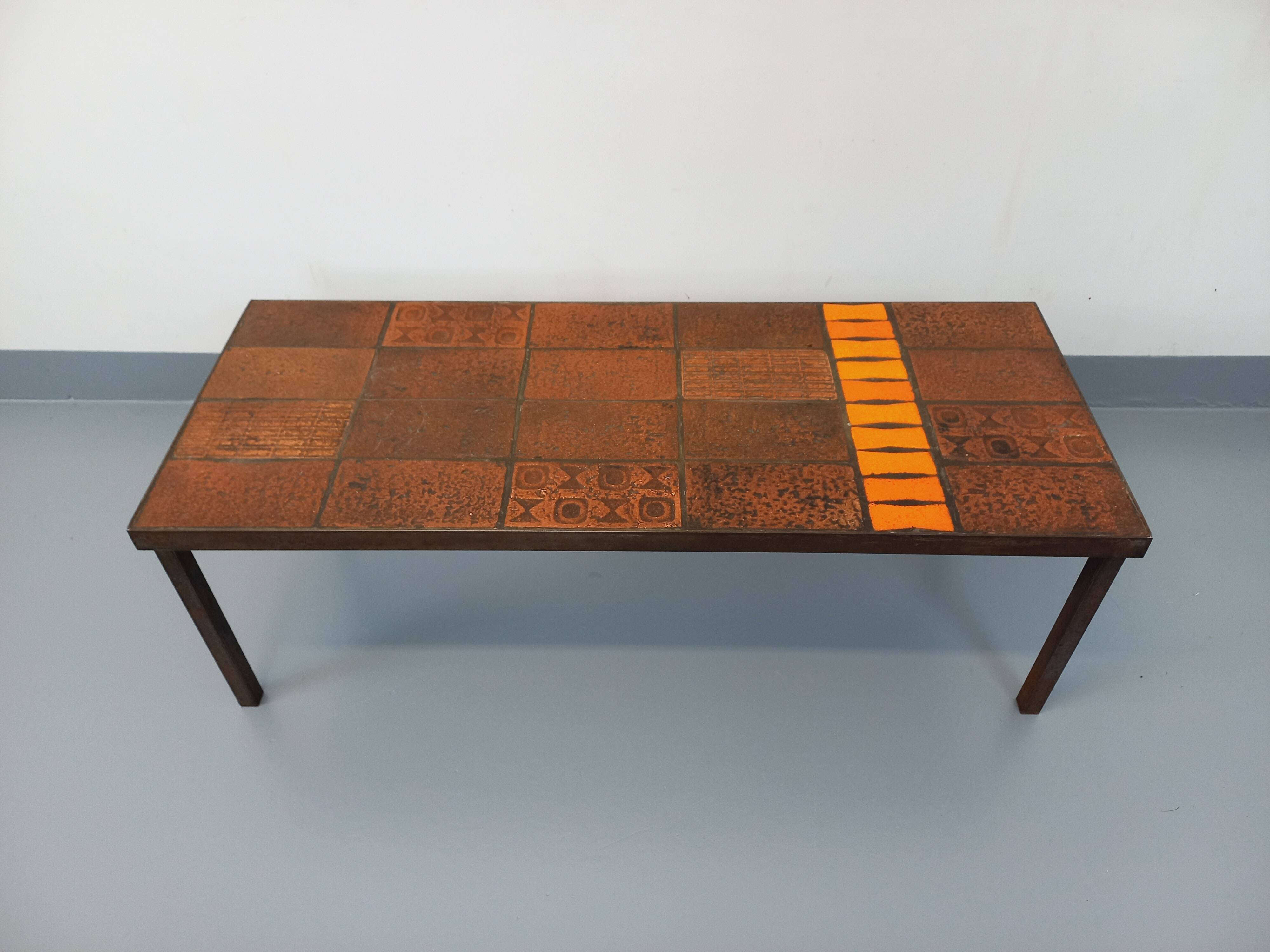 Vintage rectangular coffee table by Jean Jaffeux in steel and ceramic from the 60s