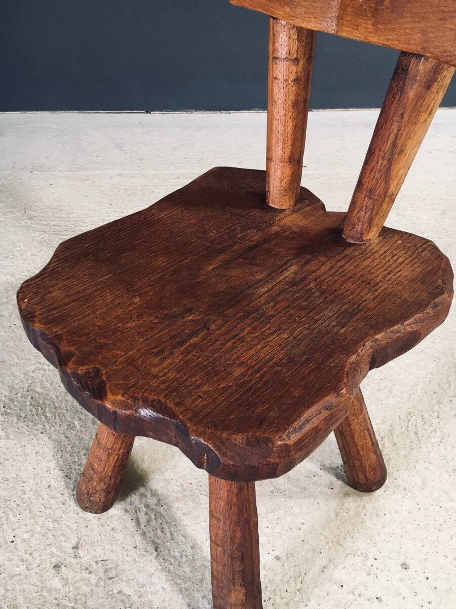 Rustic Alpine Hand-Carved Oak Chair, France, 1920s
