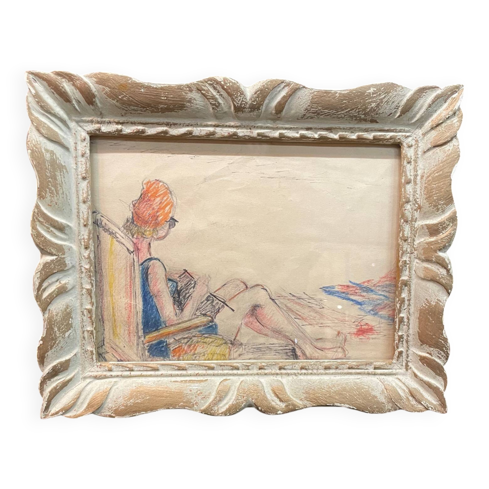 Dry pastels on paper “woman knitting on the beach”